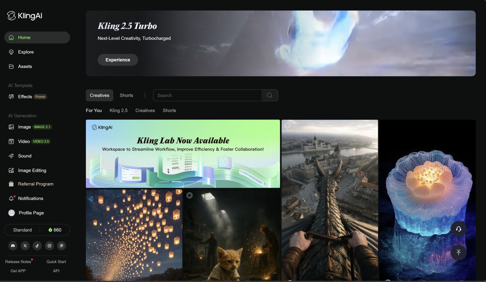 Kling AI Dashboard-Interface für Videogenerierung